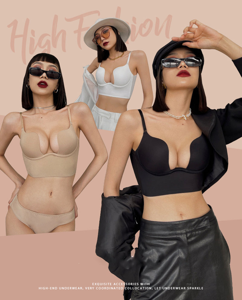 Seam-free Womens Low Cut Plunge Bra Wire Lifting Deep U Shaped Multi-Way Push Up Convertible Plunge Backless Sexy Bra