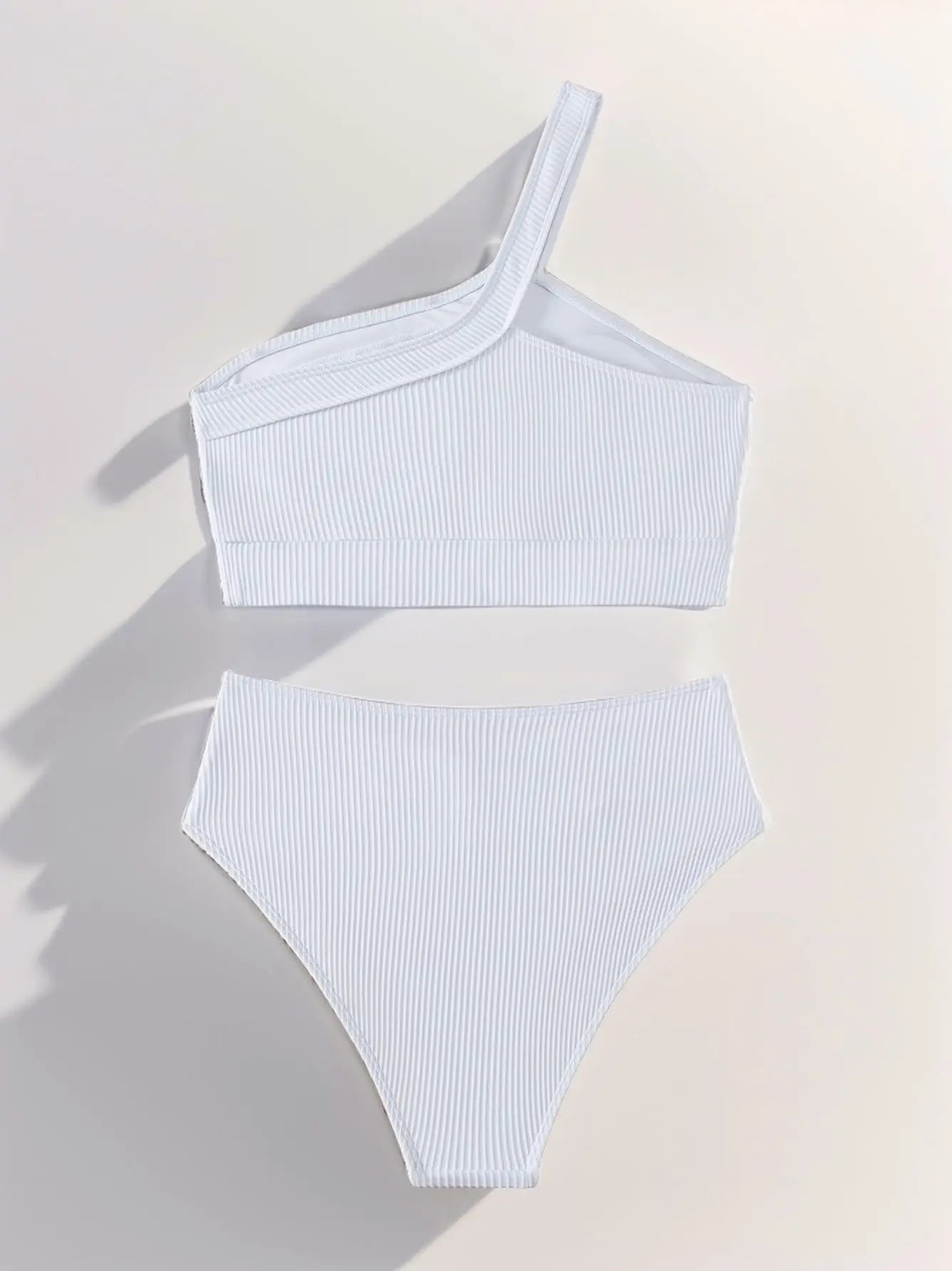 Ribbed Knit One Shoulder Bikini Asymmetrical Strap Crop Top V‑Shaped High Waisted Bottom Two‑Piece Swimsuit Women Tummy Control