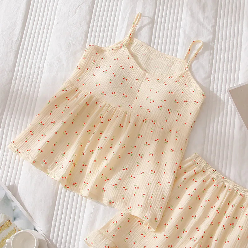 2026Women's Summer Cotton Sleepwear Sets Girl's Camisole Vest with Chest Cushion Shorts Cute Floral Two-piece Home Suit Set 2PCS