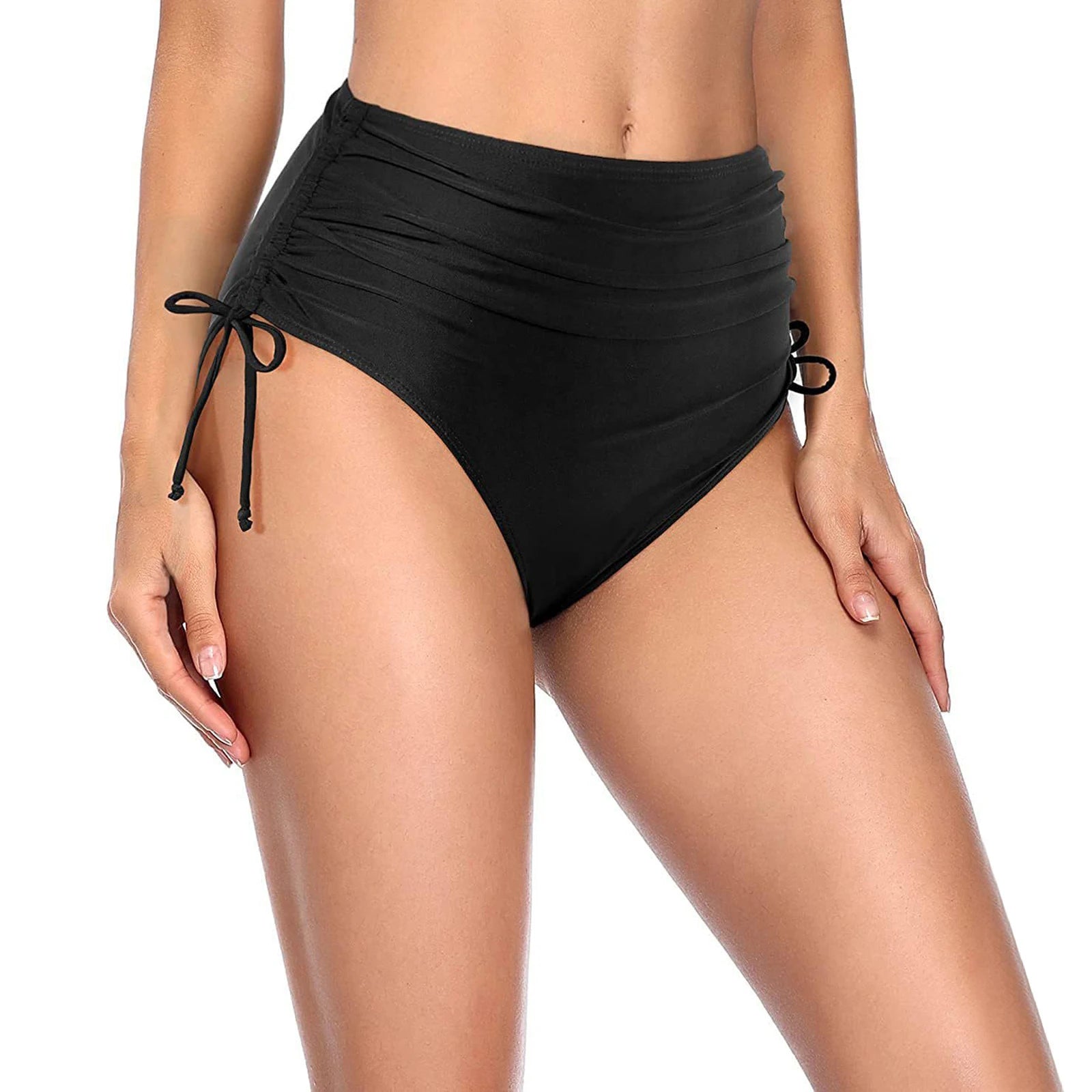 Basic Tight Swimming Bottoms for Female Solid Color High Waist Full Coverage Bikini Split Swimsuit Briefs Beach Drawstring Trunk