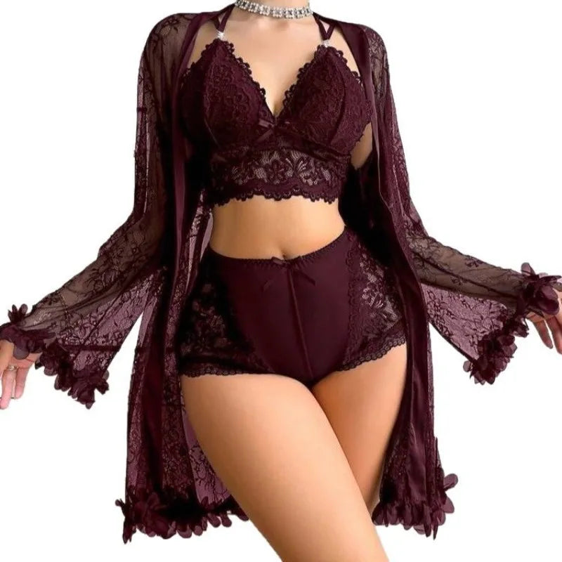 Women Sexy Robe Lingerie Set Lace V-neck Halter Bralette Underwear Suit + Transparent Mesh Bathrobe Nightwear Female Sleepwear