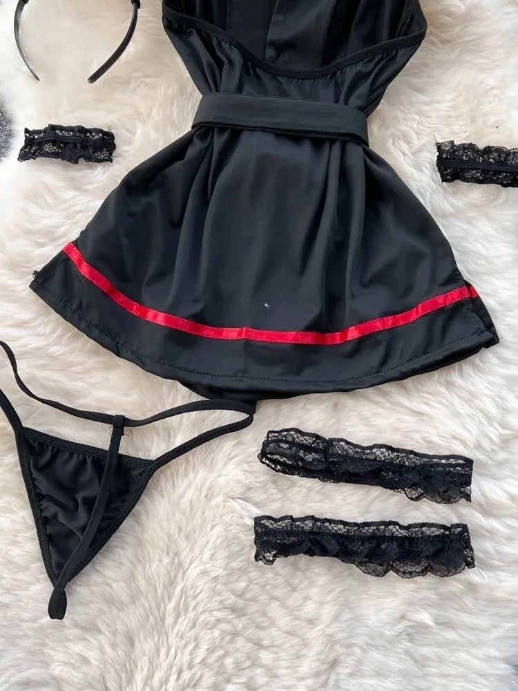 Erotic Fashion Sexy Halter Lingerie Dress Summer V Neck Vintage Belt Slim Lingerie Women Backless Sexuality Club Lingerie Sets