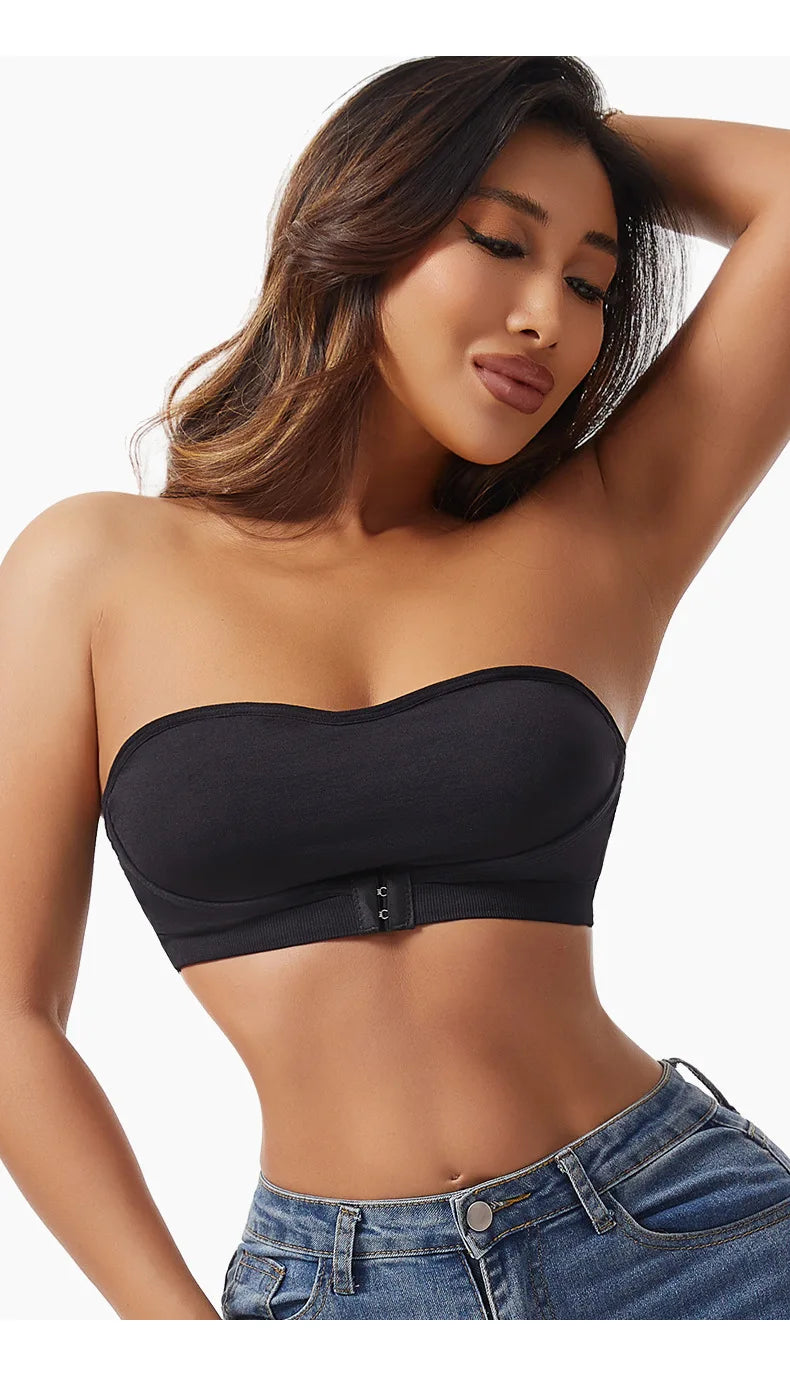 Daily Strapless and Wireless Women's Front Button Bra, Seamless Chest pad Comfortable Push-up Trendy Solid Color Lingerie