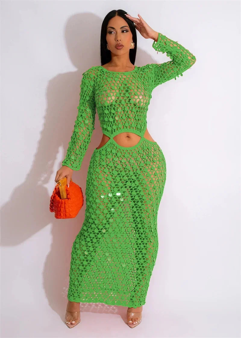 Sexy Party Dresses Sequined Crochet Knitted Beach Dress for Women Summer See-through Cover Up Bodycon Maxi Dress Vacation Club