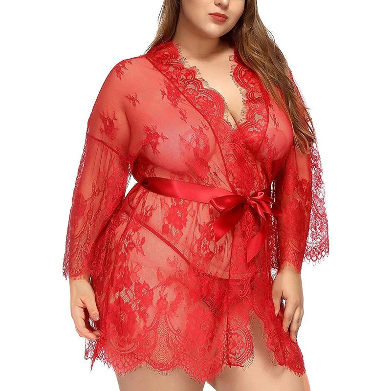 Sexy Women Lingerie Lace Night Dress Sleepwear Nightgown Bandage Deep V G-String See Through Sexy Sheer Sleep Dress Robe
