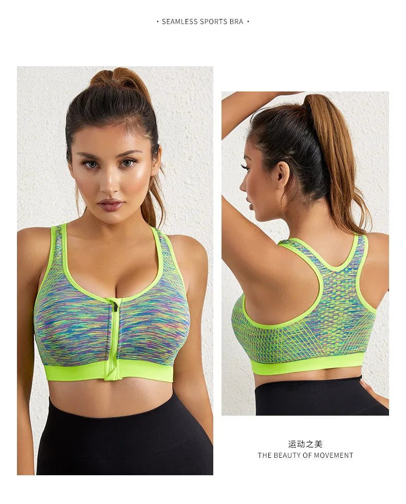 Women Sports Bra Front Zipper Sports Bra Breathable Shock-proof Underwear High Impact Yoga Bra Running Fitness Workout Tank Tops