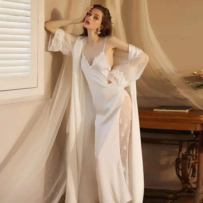 Women Lace Long Bathrobes Nightgown Kimono Robe Sleepwear Sexy Lingerie Nightwear Bride Wedding 2 Pcs Nightdress Robe Set