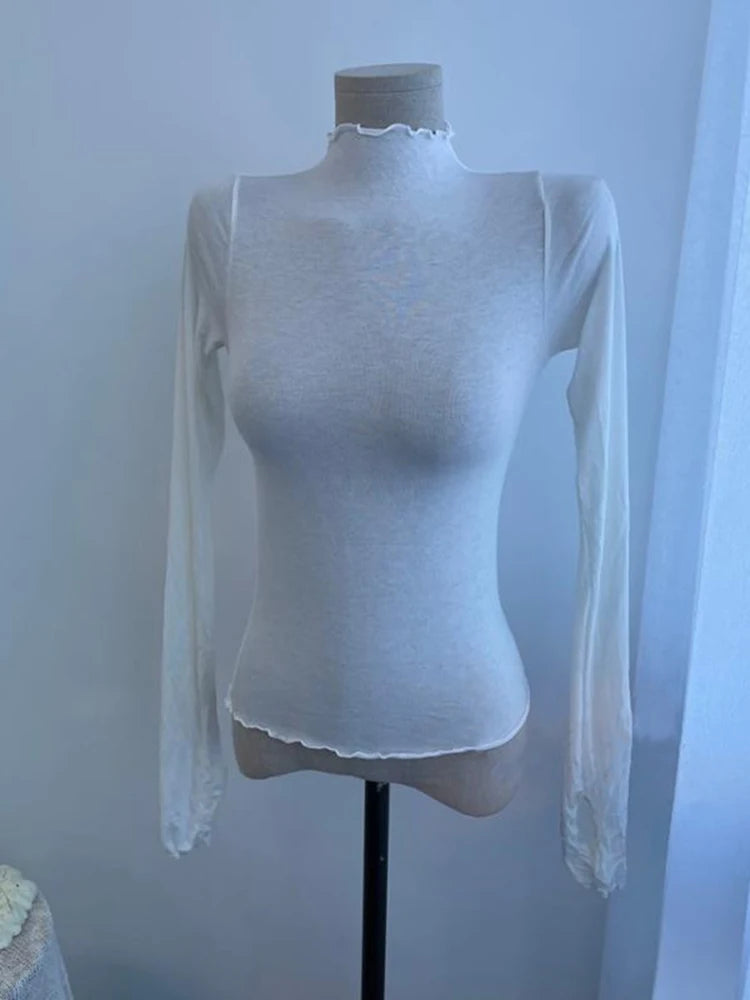 Sexy See-through T Shirt Women High Elasticity Tee Shirt Slim Thin Ruffled Turtleneck T-shirt Female Solid Top