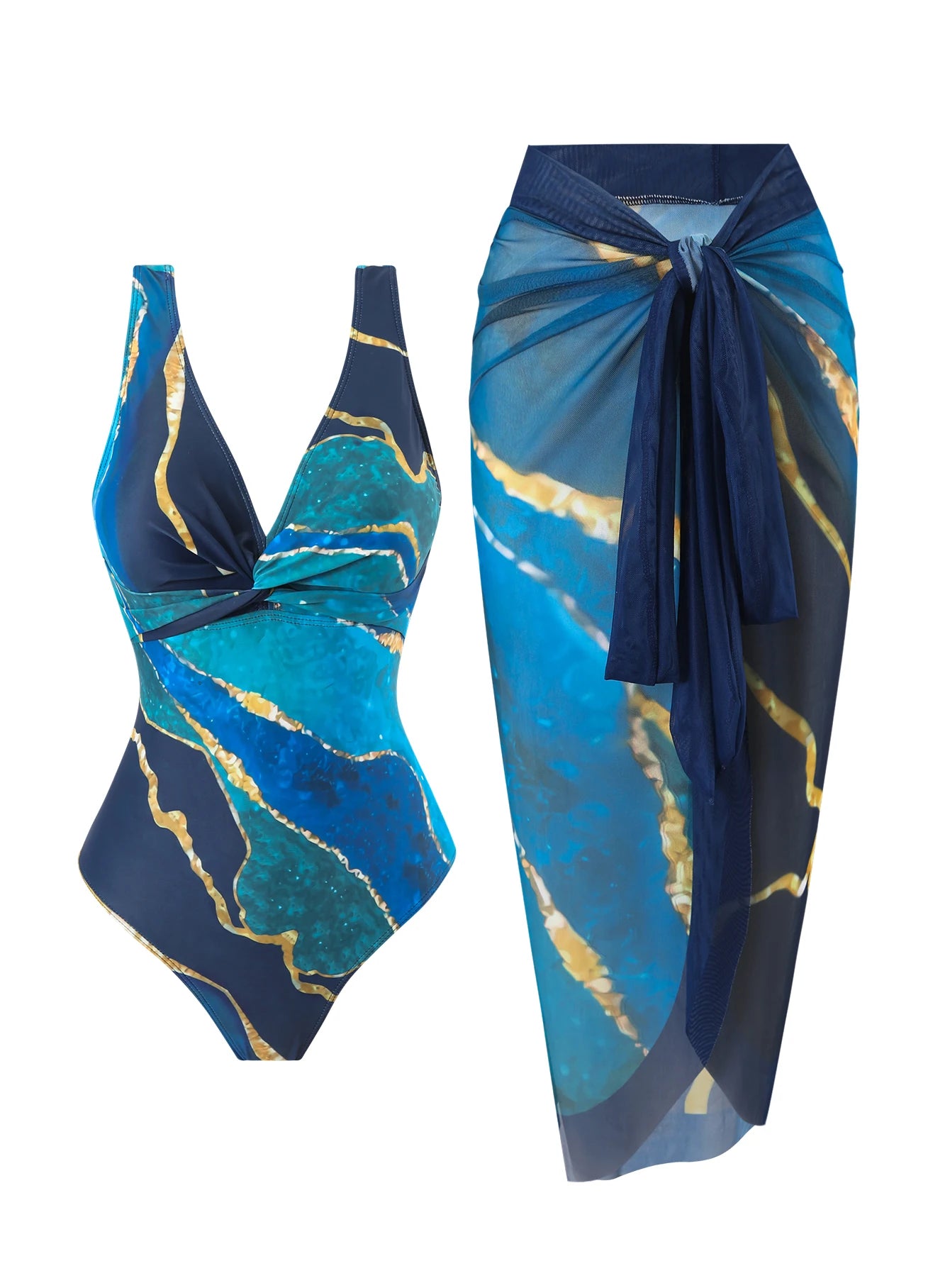 Women's One-Piece Swimsuit with V-Neck and Cross-Tie, Sexy and Elegant, Tummy-Concealing and Slimming, Popular European and American Style, Blue Marble Print Two-Piece Set with Mesh Overlay, Tie-Up, and Draped Skirt