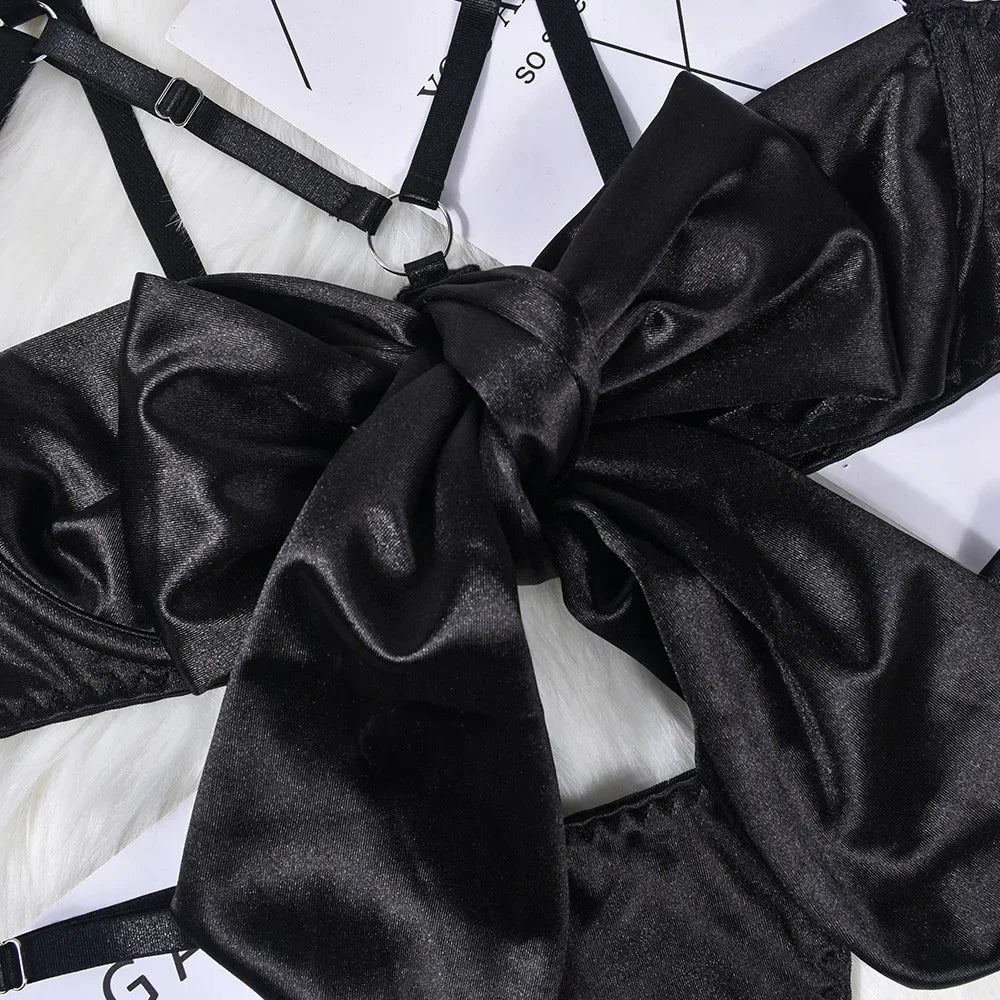 Hot Sexy Lingerie Women's Erotic Lace Satin Sexy Bodysuit Women's Bow Sleepwear Sexy Bra Panties Set Babydoll Exotic Pajamas