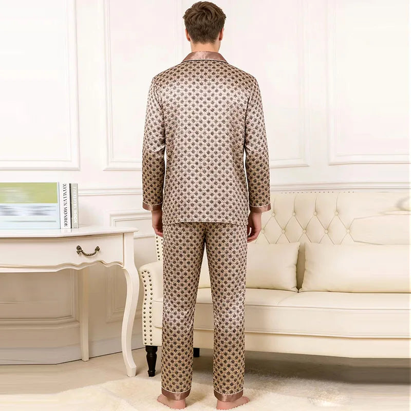 2PCS Men's Geometric Print Pajama Set Loungewear Spring New Thin Polyester Ice Silk Sleepwear Plus Size Homewear Pijamas Suit