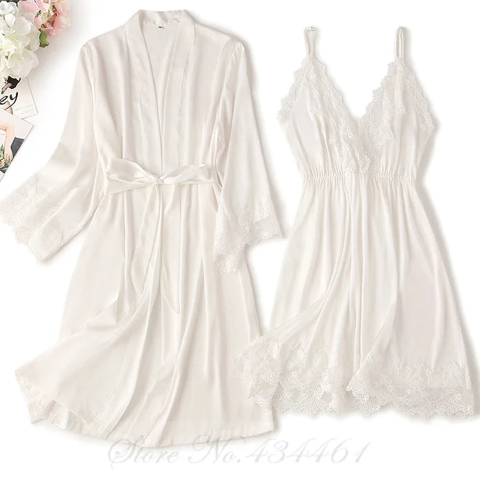 Sexy Lace Twinset Robe Set Nightgown Silky Satin Home Dress Lounge Wear Summer Female Sleepwear Kimono Bathrobe Gown Lingerie