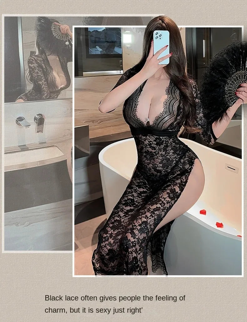 Hot Sexy Lingerie Women Pajama Sex Babydoll Lace Dress Transparent Sleepwear Hollow Out Robe Lingerie Sex Clothes Plus Size