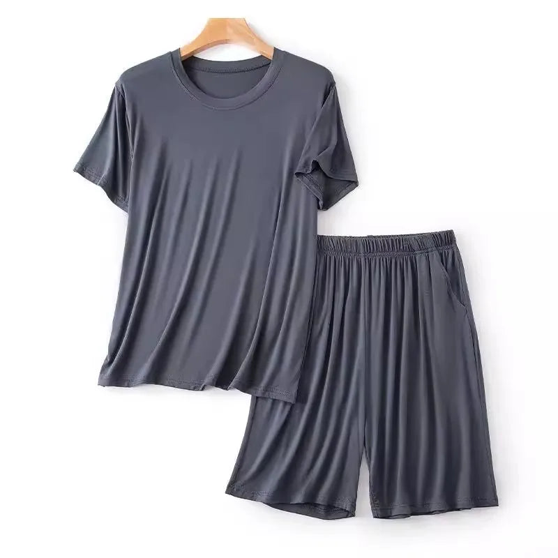 Modal Pajama Set Men's Round Neck Pajama Set for Summer Casual Wear Solid Color Loose Short Sleeved Shorts Two-piece Set Male
