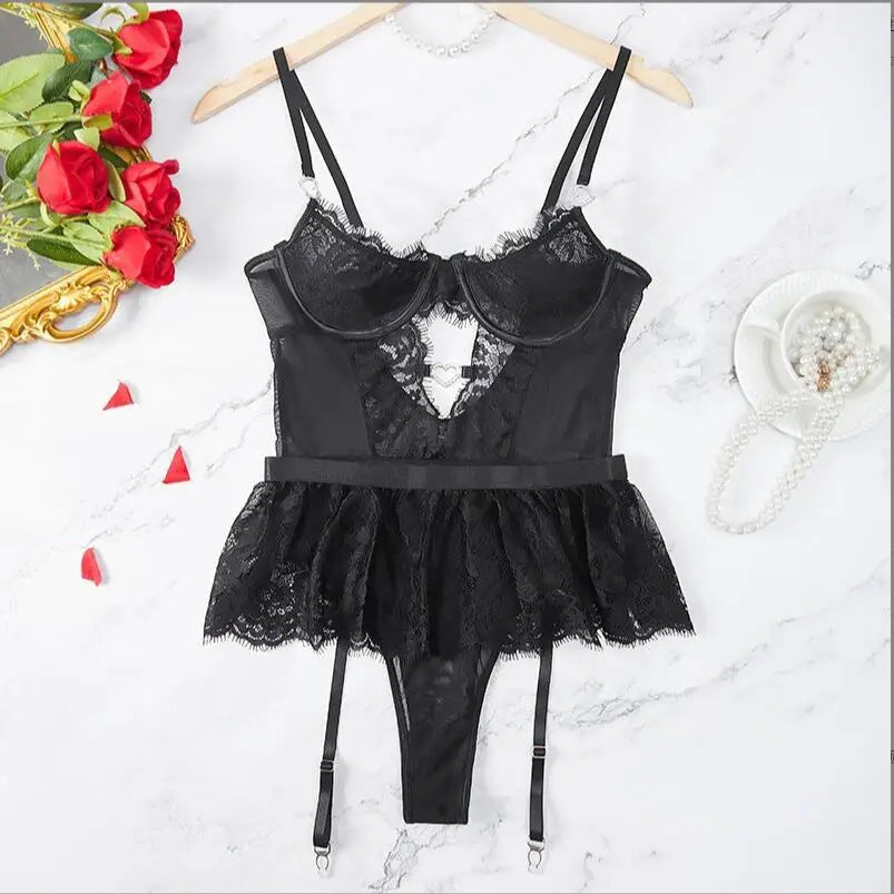 Hot Erotic Lingerie Sets See-Through Lace Underwear Sissy Bra Transparent Bilizna Sexy Costumes Garter Porn Sex Outfit