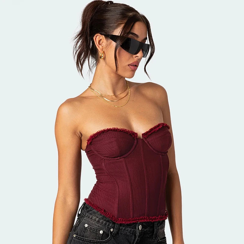 Women Sheer Lingerie Streetwear Lace-up Bustier Corset Tops Slim Backless y2k Tank Top Strapless Striped Sheath Sexy Camisole