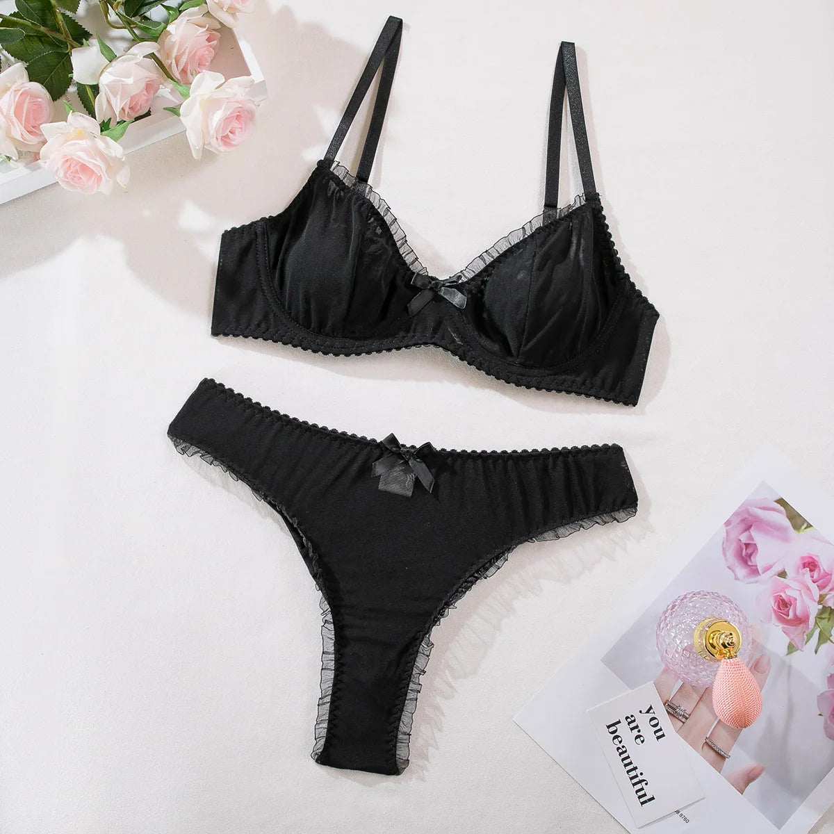 Sexy Lingerie Set Women Sheer Lace Bra and Panty Set with Bow Trim Elegant Erotic Underwear Transparent Intimates for Her