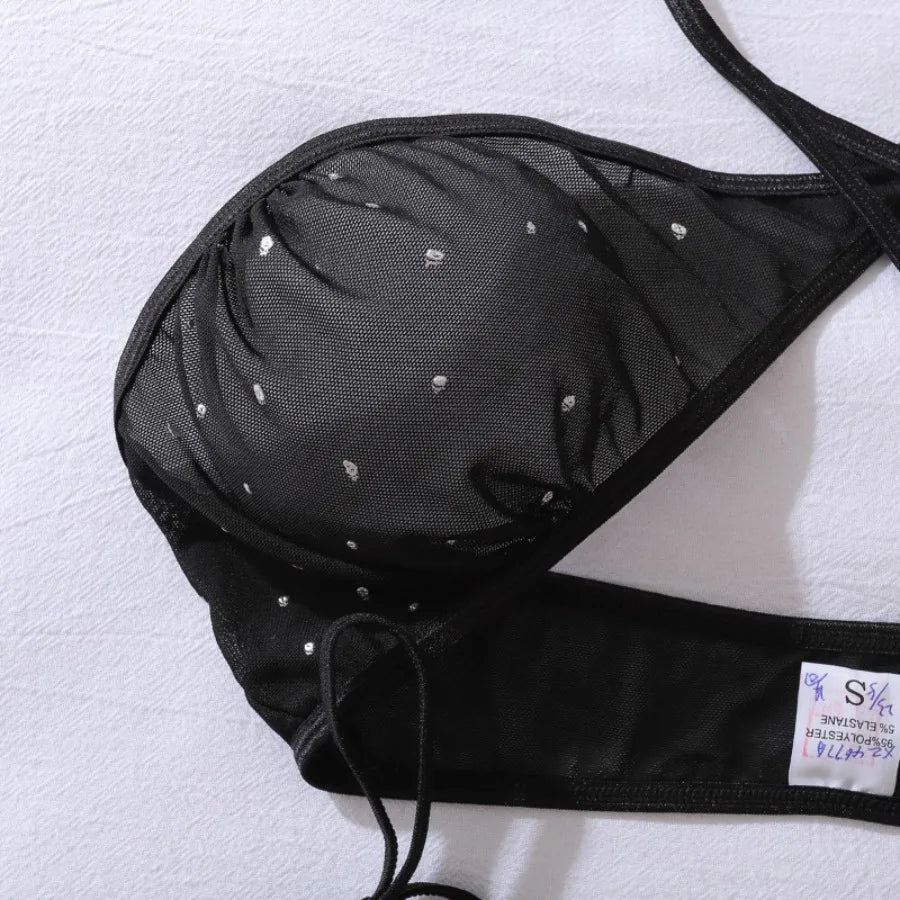 Lingeries Sexy Hot Women Black Cross Halter Hollow Bra Brief Skirt Starry Transparent Underwear Set 3 Piece Erotic Lingerie Sets
