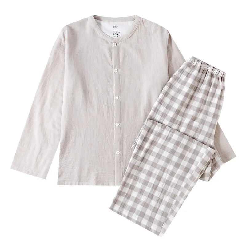 Long Sleeve Pajama Set for Men Breathable Soft Washed Cotton Sleepwear Simple Solid Top and Plaid Trousers Home Clothes 2-Piece