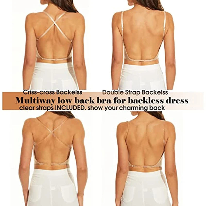 Seam-free Womens Low Cut Plunge Bra Wire Lifting Deep U Shaped Multi-Way Push Up Convertible Plunge Backless Sexy Bra