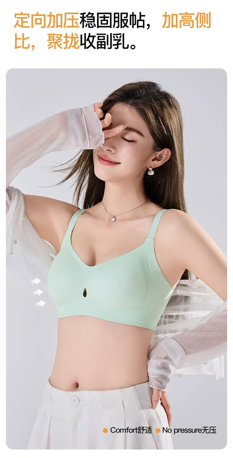Ribbed Fashion Seamless Bra Without Underwire Skin-Friendly Comfortable Breathable Lift Small Chest Gather Soft Support Bra