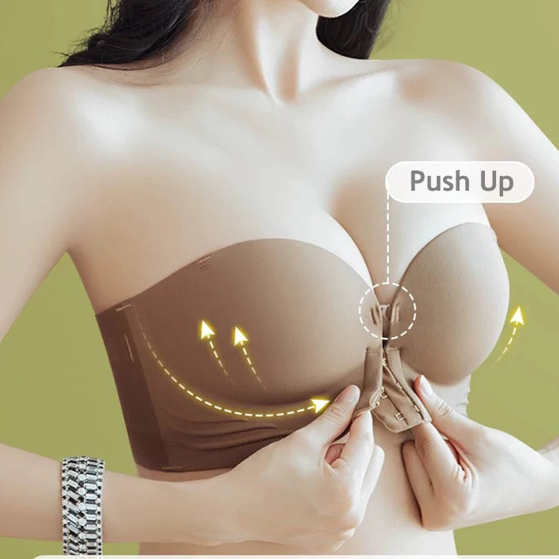 Strapless Bras Women Front Closure Seamless Brassiere Push Up Thick Underwear Adjustable Female Soft Solid Invisible Lingerie