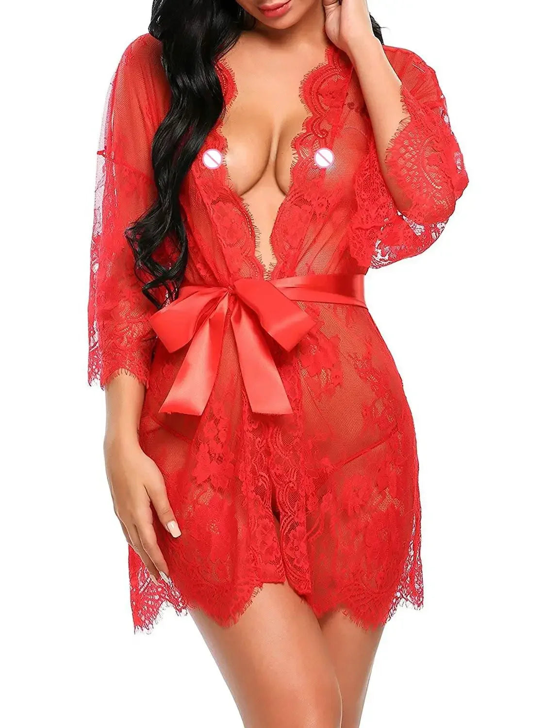 Women Sexy Lingerie Erotic Transparent V-Neck Lace Babydoll Nightwear Robe G-string Costume Kimono Sleepwear Dress