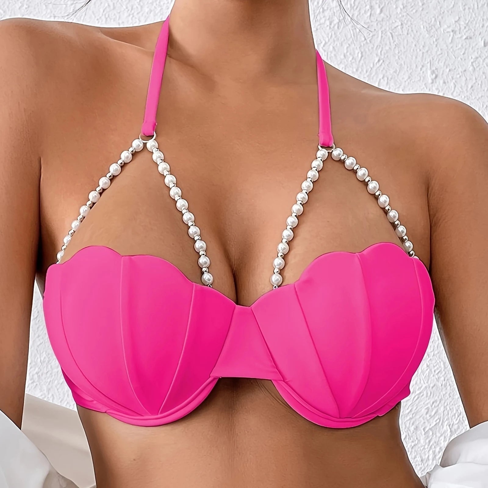 Women's Seashell Bikini Tops Sexy Halter Neck Spaghetti Straps Bathing Suit Bra with Pearl Chain