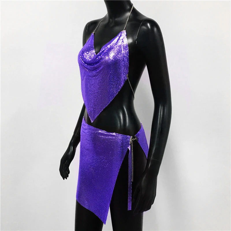 Sexy Metal Sequins 2 Piece Set Women Sleeveless Deep V Neck Backless Halter Tank Tops Split Mini Skirts Beach Party Outfits