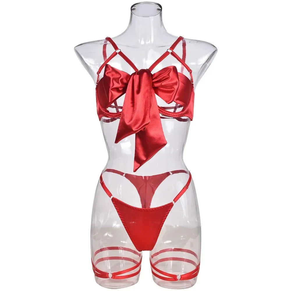 Hot Sexy Lingerie Women's Erotic Lace Satin Sexy Bodysuit Women's Bow Sleepwear Sexy Bra Panties Set Babydoll Exotic Pajamas