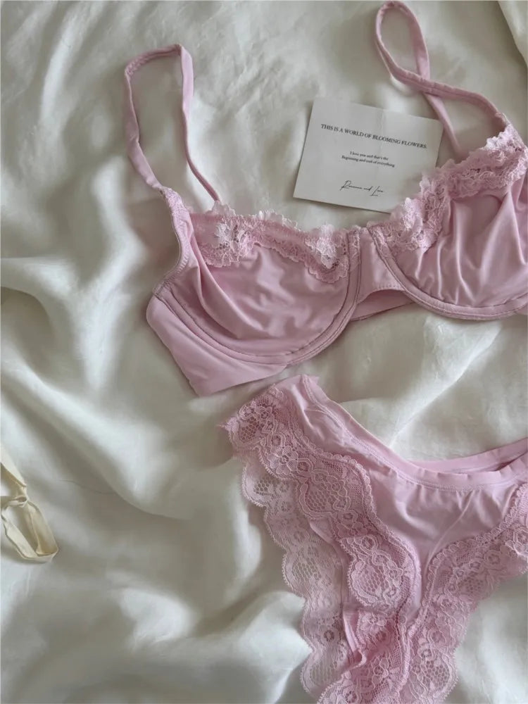 Pink Unlined Full Cup Bra Set Underwire Lace Trim Lift Comfortable Minimalist Seamless Skin-friendly Everyday Bras and Panty