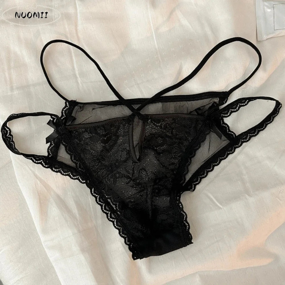 Lingerie Bow Lace Flower Panties Low Waist Hollow French Style Briefs Transparent Thin Strap Women Underwear Girl