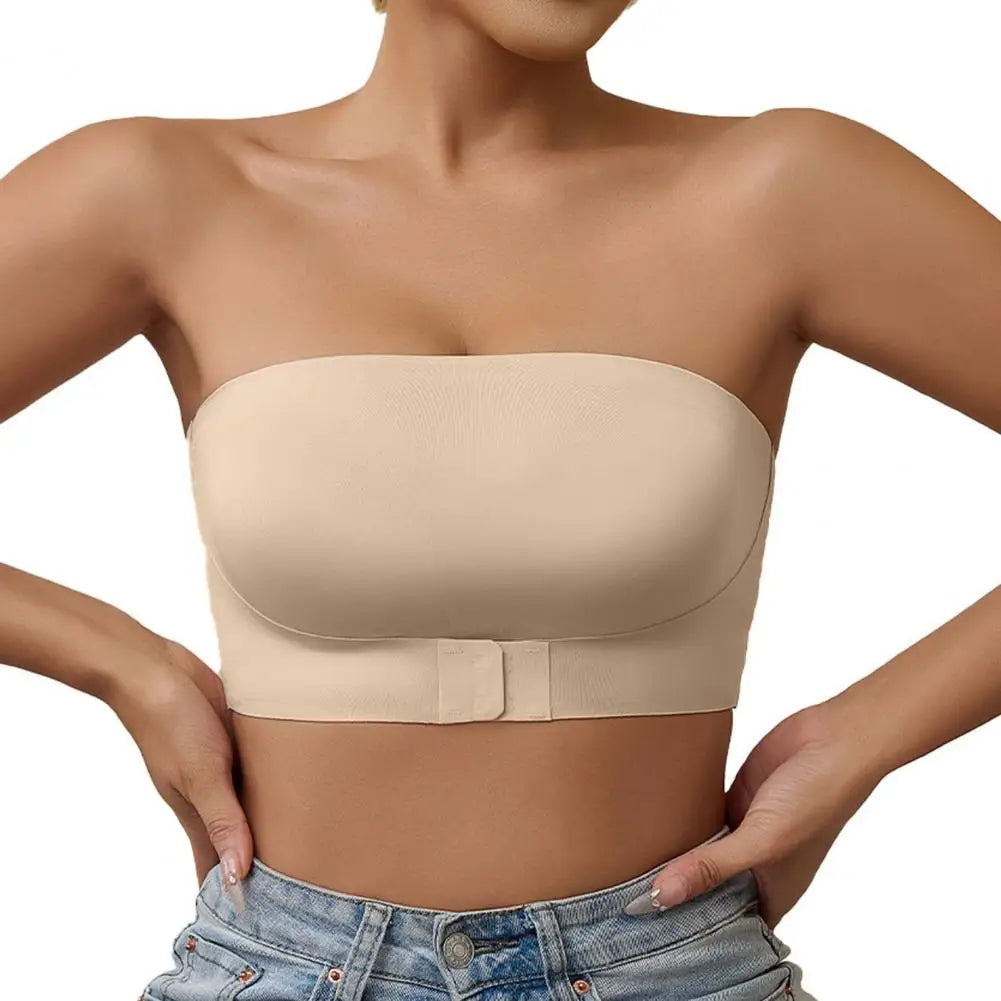 FrontWomens Strapless Bra Bandeau Closure Strapless Bra for Women Non-Slip Wireless Bandeau Bra Seamless Padded Tube Top