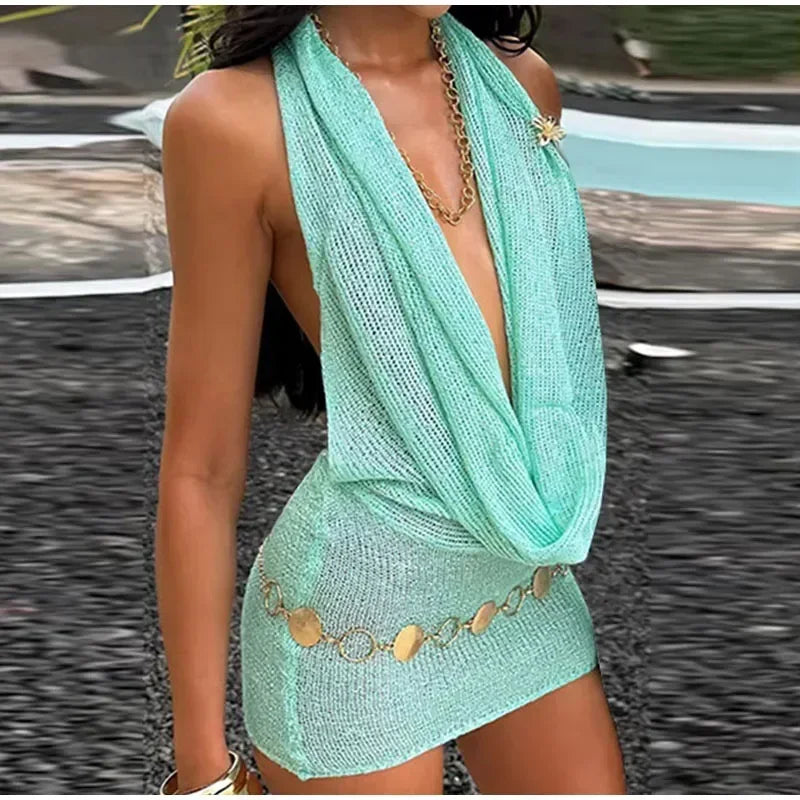 Sexy Sequin Halter Short Dress Women Backless Sleeveless Hip Package Party Dresses Female Summer Chic Night Club Robe Lady