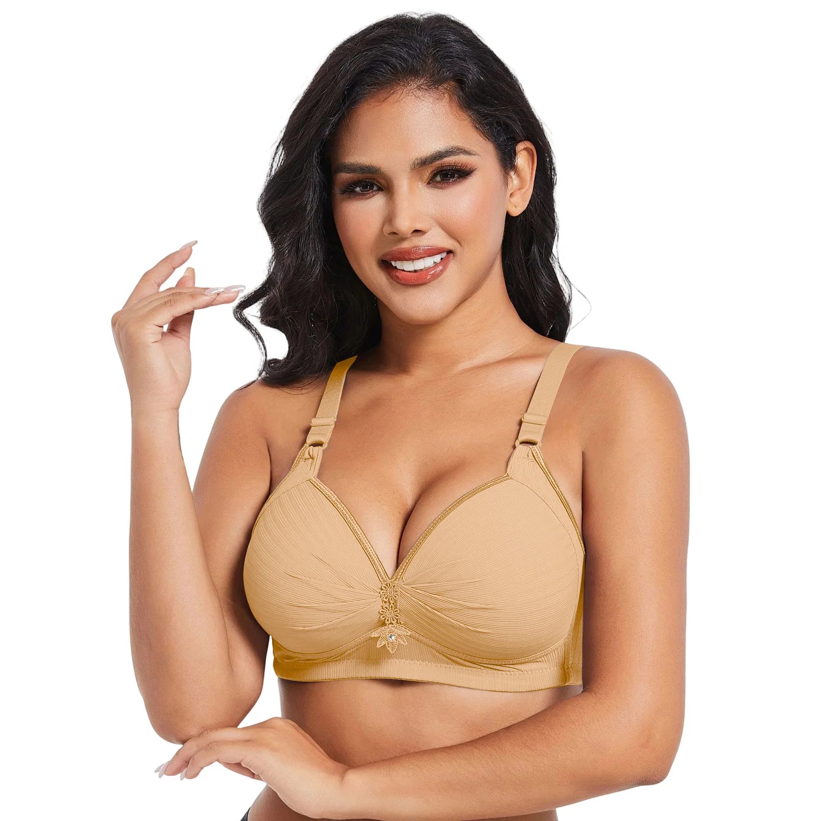 Elegant Skin Tone Textured Bra Chic Wireless Full Coverage Underwear Stylish Push Up Rhinestone Detail Lingerie Women
