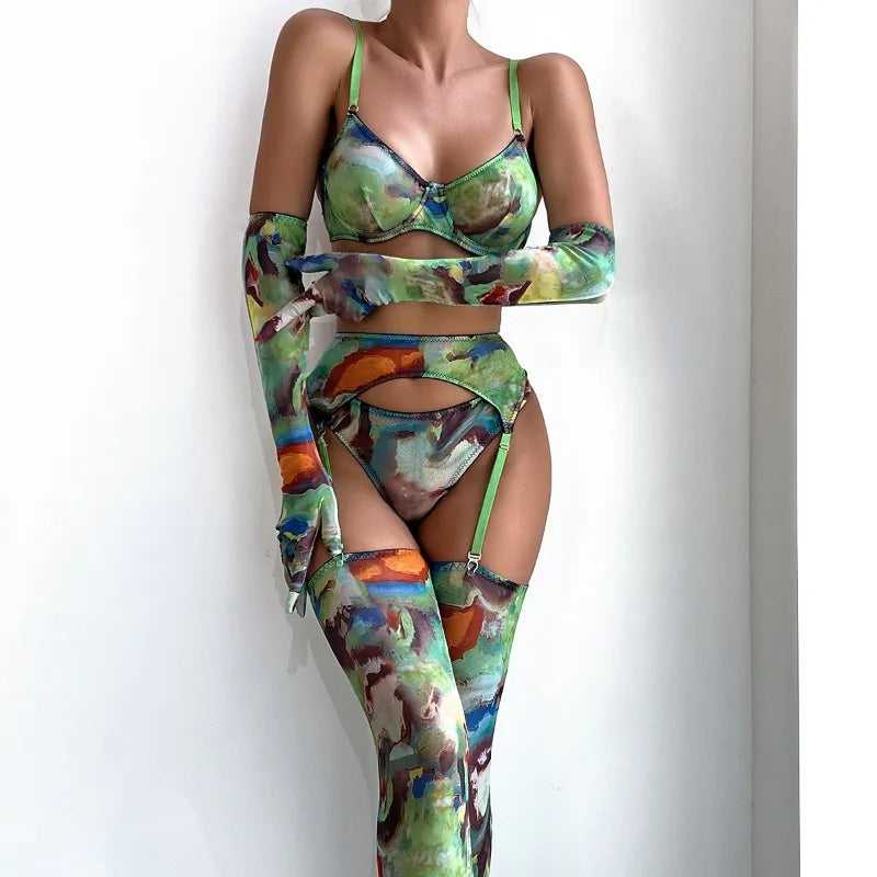 5 Pieces Lingerie Set Women Nightwear tie-dye Printed Halloween Underwear Bras Panties Golves Stocking Erotic Laungerie Set