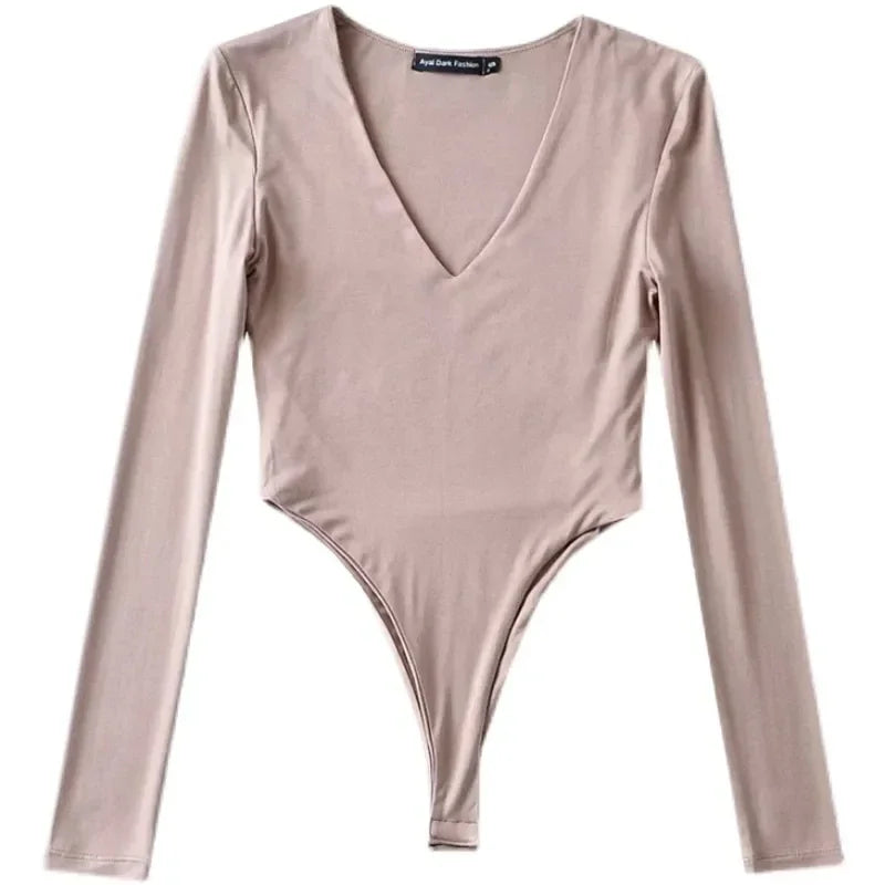 Women's Bodysuit Sexy V-neck Long Sleeve Bottom Shirt Gymnastic Yoga One-pieces Rave Festival Outfit Party Club Lingerie Tops