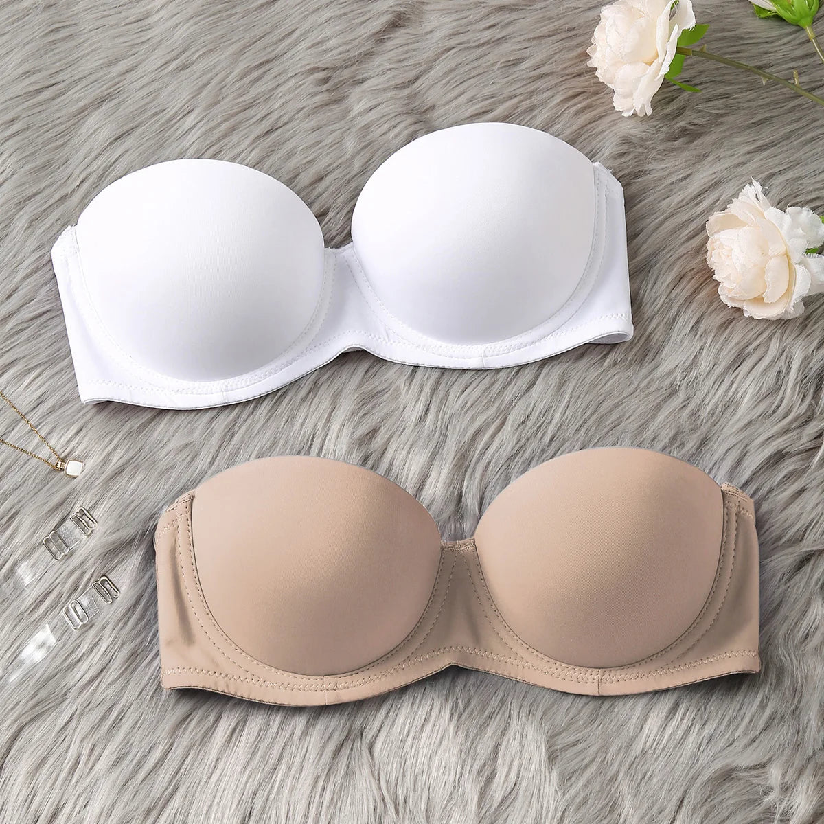 2-Piece Women's Bra Set: Comfortable, Seamless, Strapless Lift-Up Bandeau Perfect for Year-Round Everyday Wear