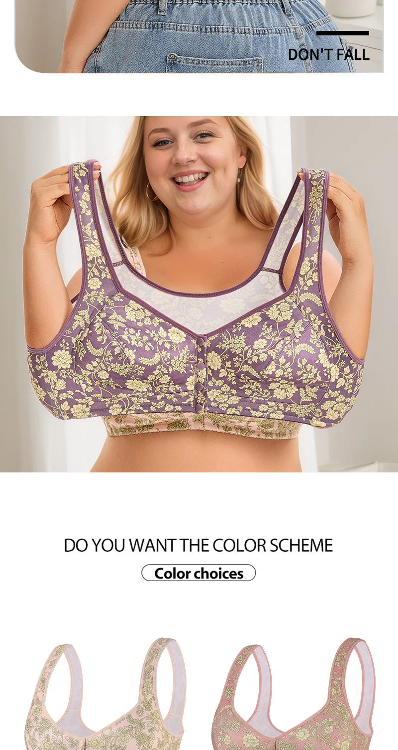 plus Size Front Closure Wireless Floral Print Bra Full Coverage Comfortable Support Bralette for Women Wide Band Everyday Wear