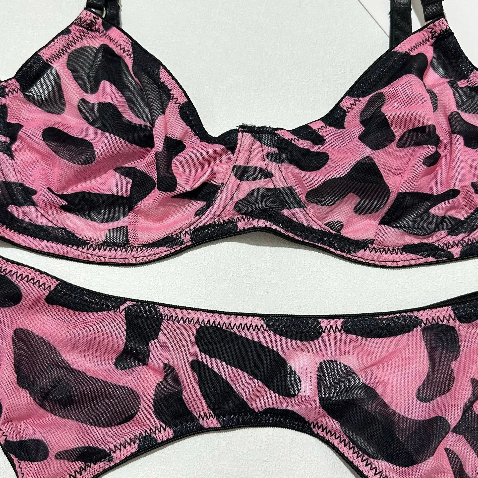 5Pcs Leopard Lingerie Set With Garter Belt Stockings Gloves Mesh Bra and Panty Set Strappy Underwear Erotic Costume For Women