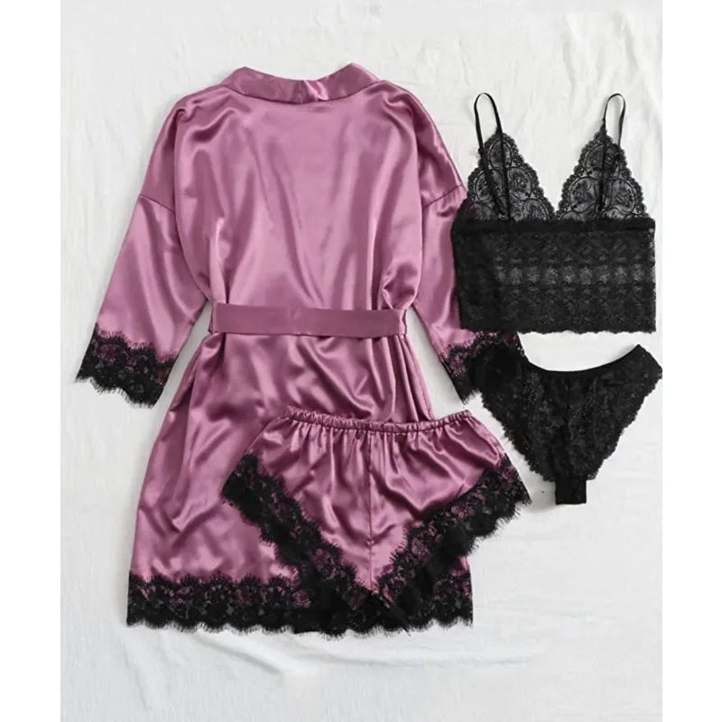 4PCS Satin Pajama Set with Robe - Lace Trim Cami Top & Shorts, The Viral Must-Have Elegant Loungewear for Women's Sleepwear