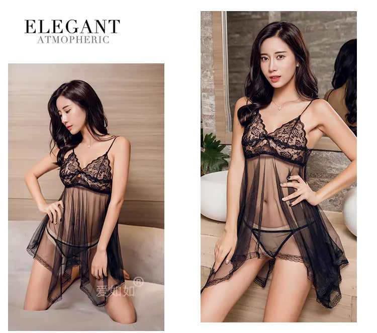 Sexy Sleepwear Lace Lingerie Set Chiffon Nightdress Nightgown Transparent Pajamas Pijamas Women Night Dress Nightwear With Thong