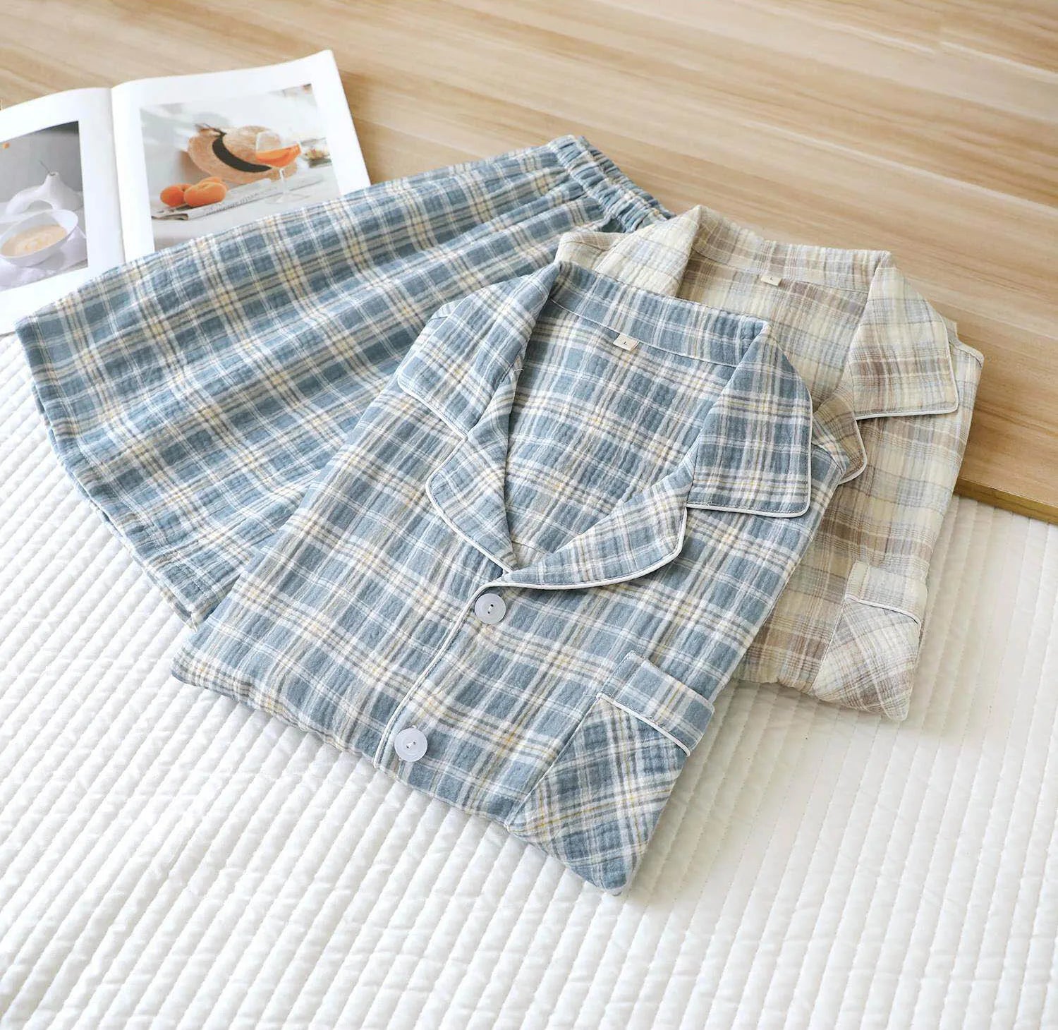 Men's 2-Piece Pajama Set - Japanese Plaid Sleepwear, Cotton Gauze Short Sleeve & Shorts, Lightweight & Breathable Relaxed Fit, S