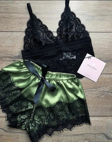Mengya Women Lace Satin Two Piece Lingerie Set Spaghetti Strap Camisole Silky Lace Trim Shorts Nightwear European American Style