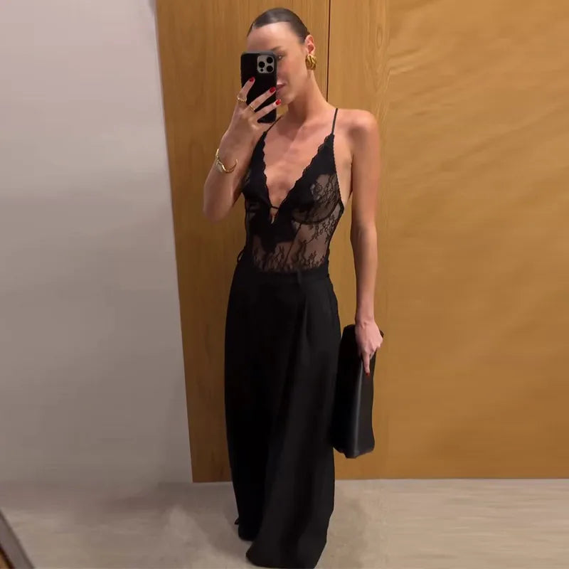 Sexy Women's Bodysuit Halter Lace Deep V-neck Sleeveless   Slim Female Bodysuits 2026 Summer New Fashion Party Chic Lady Top