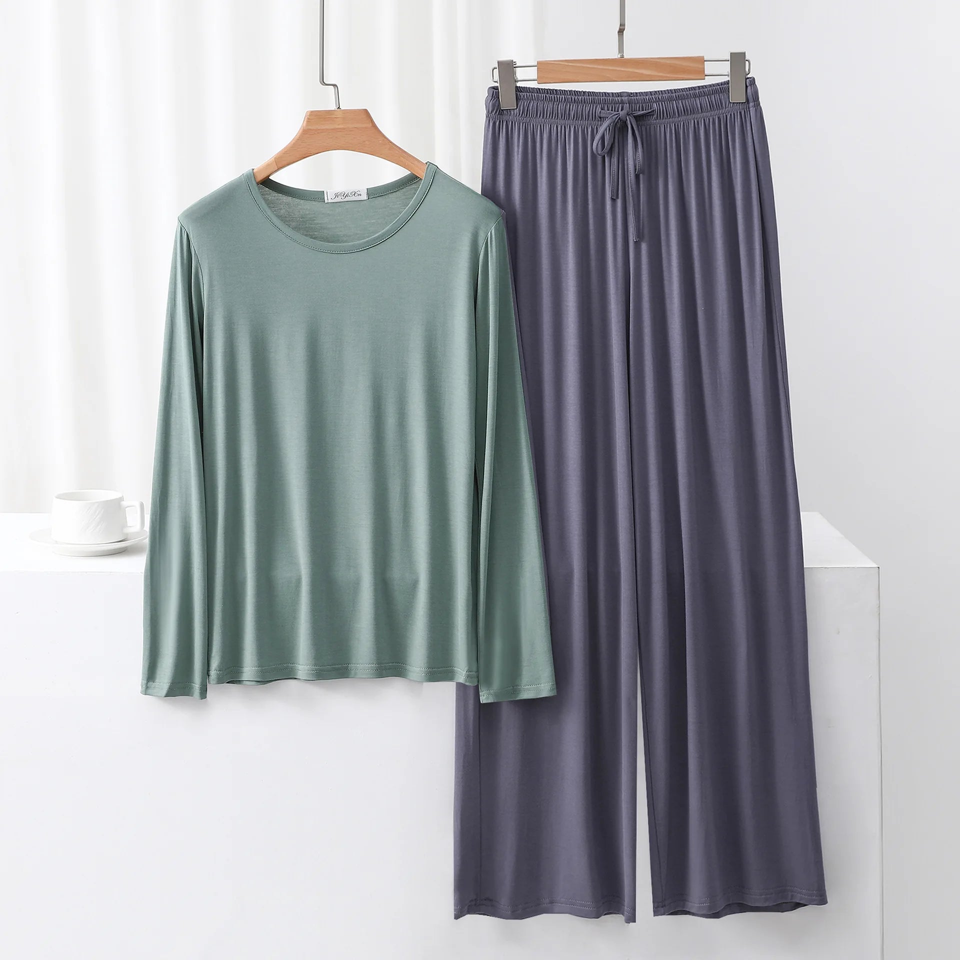 Modal Pajama Sets 2 Piece O-Neck Long sleeved Tshirt and Wide Leg Pant Ankle Length Loose sleepwear set Comfort homewear suits