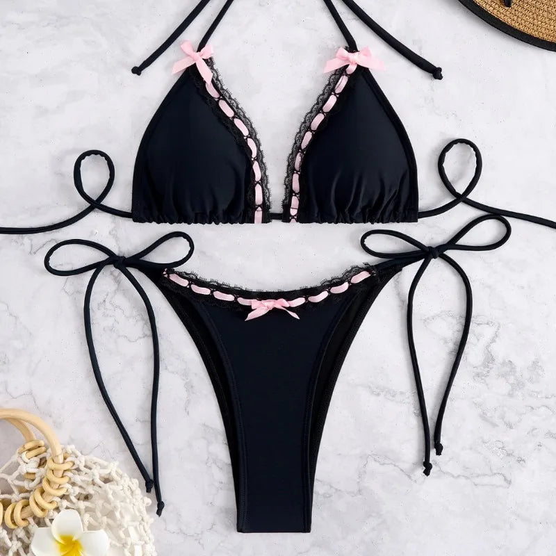 European and American Women's Separate Lace Trim Sexy Tie Bow Bikini