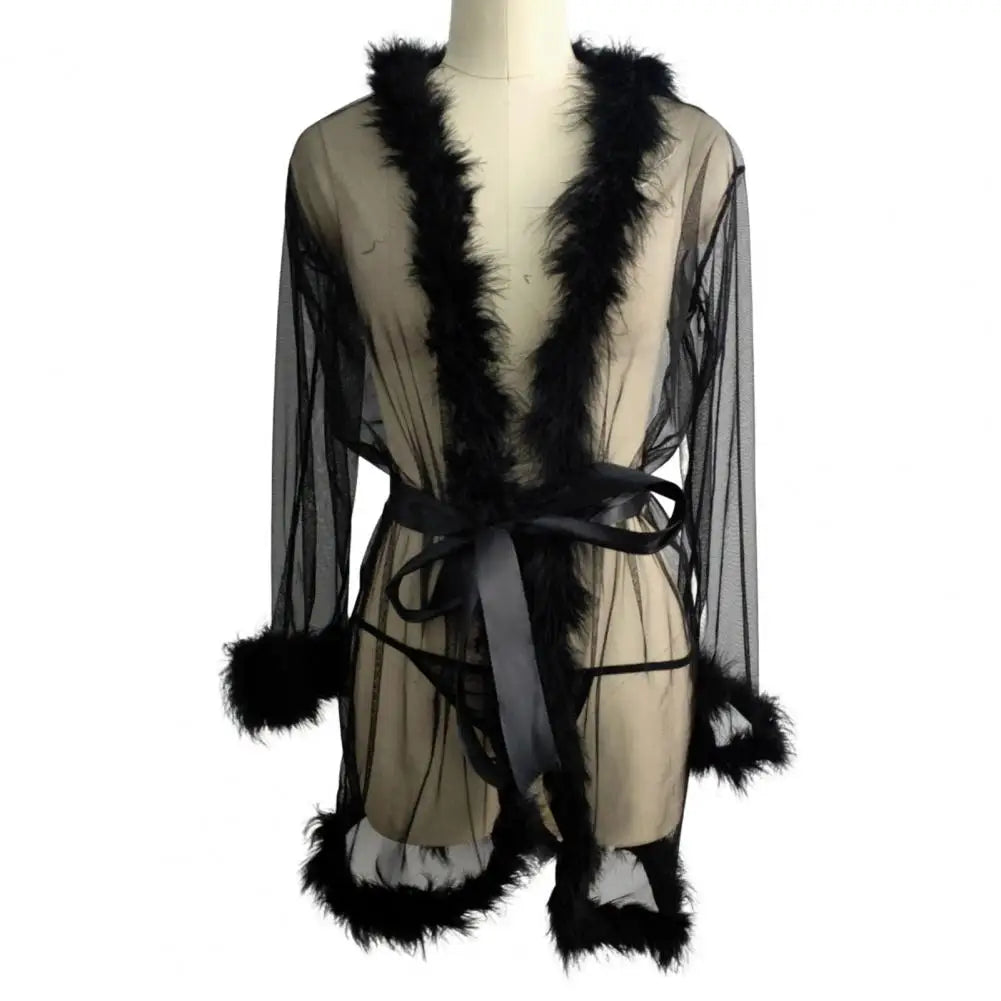 Female Sheer Shapewear Robes Fashoin Long Sleeve Plush Spliced Thin Lingerie Women Lace Up Erotic Midi Long Sexy Robes
