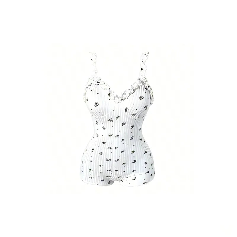 T048 Sexy Floral Ruffle Romper Lingerie V Neck Ribbed Bodycon Playsui