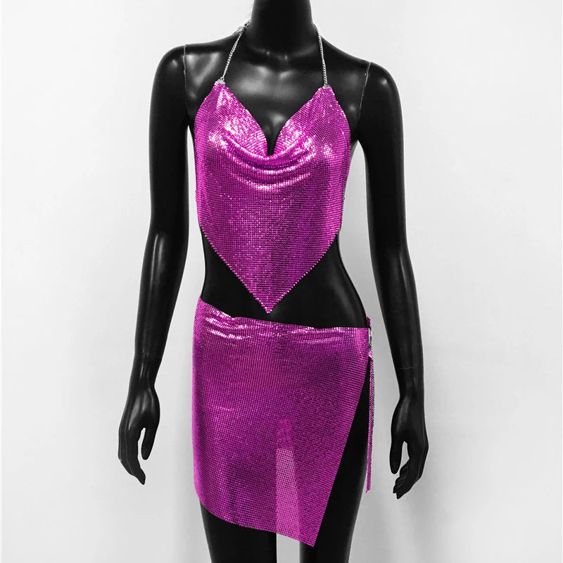Sexy Metal Sequins 2 Piece Set Women Sleeveless Deep V Neck Backless Halter Tank Tops Split Mini Skirts Beach Party Outfits